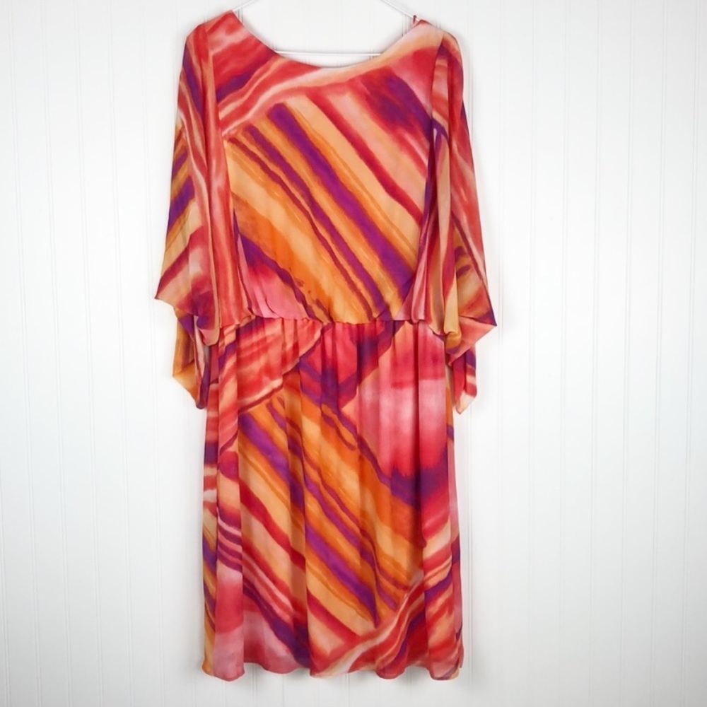 NEW Dress Barn Neon Orange Purple Red Stripe Flowy Batwing Sleeves Dress